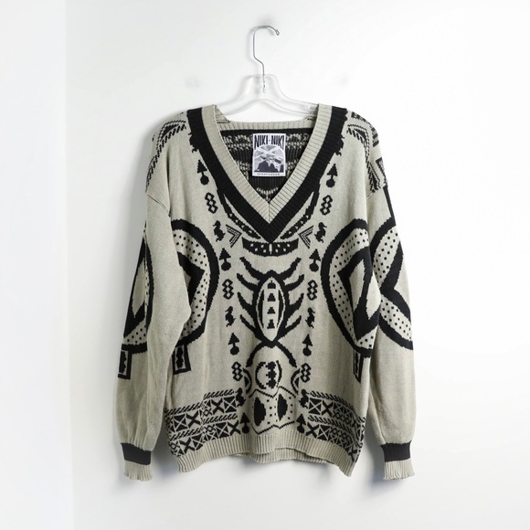 Vintage Sweaters - Niki Niki men’s vintage sweater abstract Aztec print Navaho grey black L XL